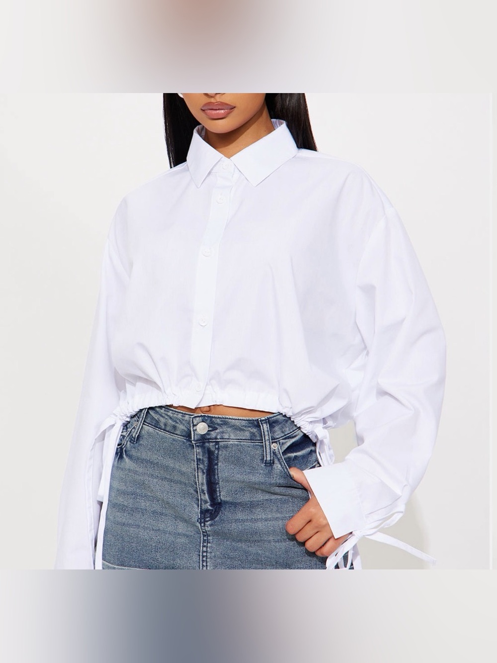 Fashion Nova White Drawstring Cropped Button-Down Shirt